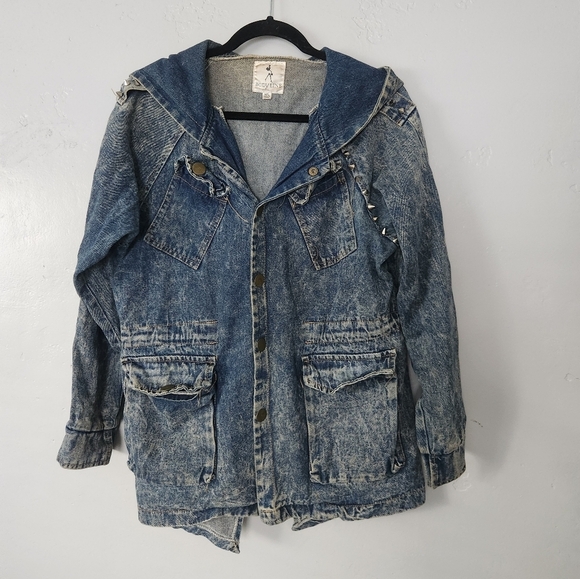 Vintage Y2K Body Line Denim Hooded Spiked Blazer Style Jean Jacket M/L - Picture 1 of 6